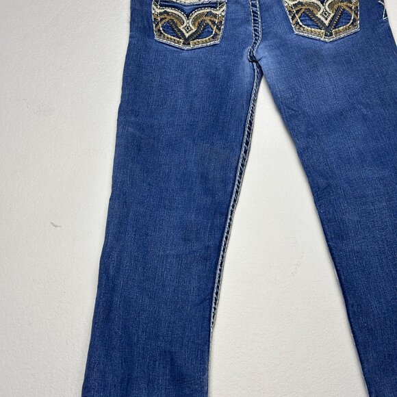 Western Blue Denim Jean Pant Women 30 Blue Embroidered Indie Rock Riding Bootcut - Picture 15 of 15
